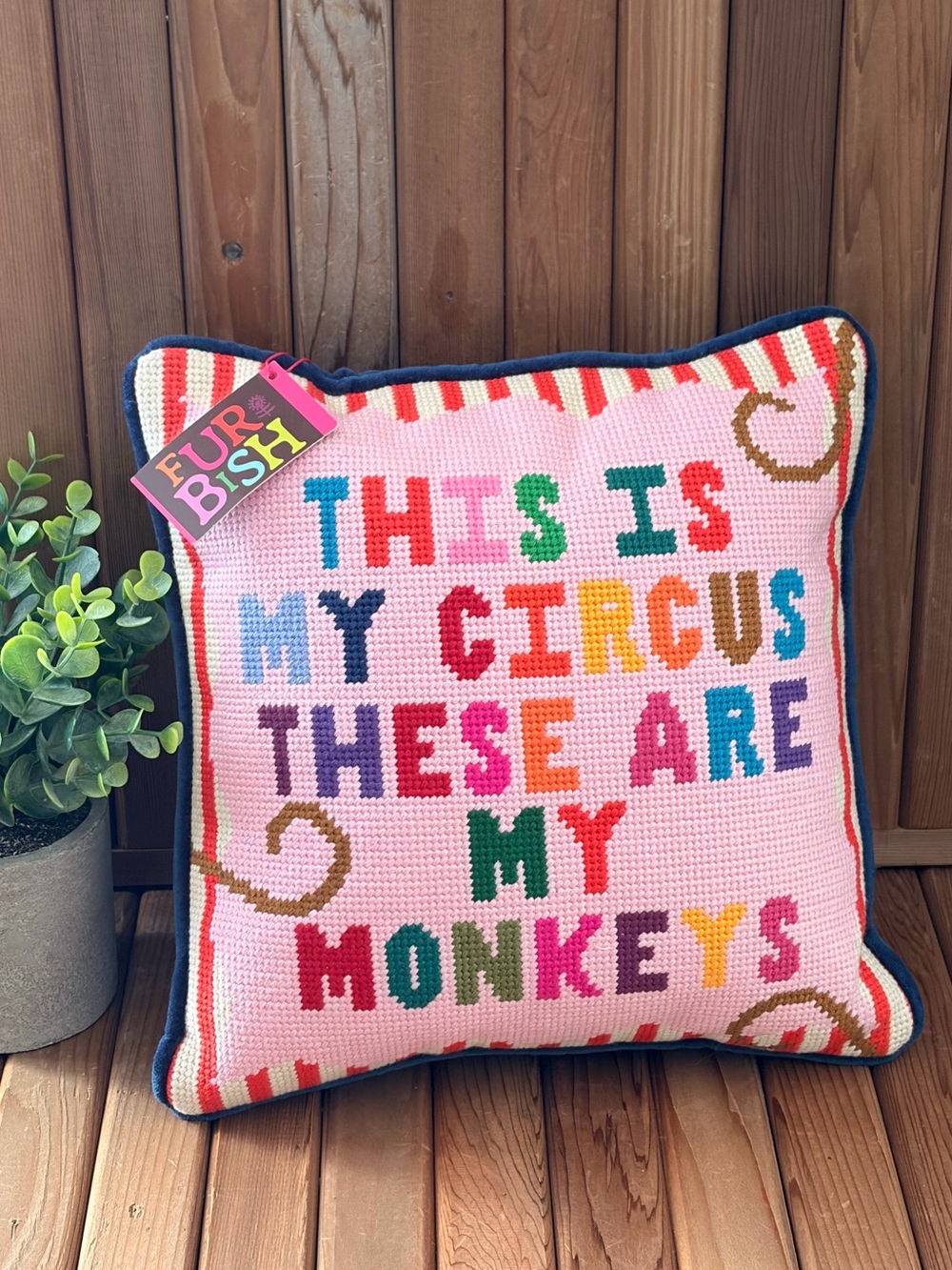 Furbish Studio My Circus My Monkeys Needlepoint Pillow NWT Pink + Blue Suede